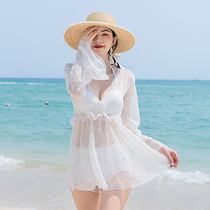 South Korea ins holiday split swimsuit female summer sexy bikini small chest gathered white long sleeve blouse fairy fan