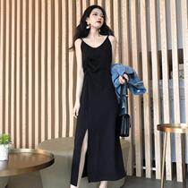 Pleated black bottomed skirt children's 2021 spring new V-neck careful machine split long condole belt dress