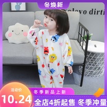 Baby sleeping bag spring and autumn flannel childrens conjoined pajamas autumn and winter New coral velvet baby split leg anti-kicking