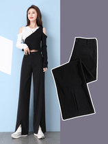 Womens spring and summer new high waist forked casual split loose slim wide legs long straight pants