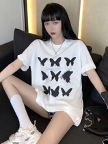 White T-shirt female summer new ins Chains Korean version butterfly printed loose bf wind with long inside lap short sleeve blouses