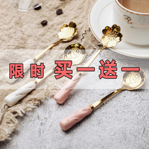 Stainless steel flower spoon Household ceramic childrens net red cherry blossom spoon Female Korean stirring spoon Coffee spoon to eat