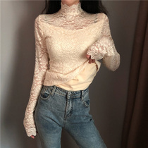 Lace beating undershirt female mesh yarn Neyhitch-style autumn and winter sweatshirt 2020 new high collar and velvety long sleeves warm blouses