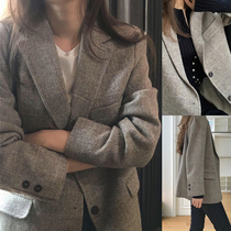 Big Heat Exploits Korea 21 Years Autumn High-end Temperament Retro Herringbone Textured 100 Hitch Wool West Suit Woman Coat
