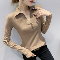 European standing womens clothing 2021 autumn and winter new zipped V collar T-shirt woman long sleeve foreign air blouse 100 hitch undershirt