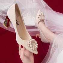 Wedding Shoes Women 2022 New Coarse Heels Wedding Bridal Shoes Sequel Dresses Wedding Dress Watercrystal Shoes Pink Heels