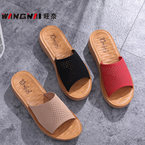 2020 summer new womens shoes leather non-slip middle-aged and elderly sandals mother shoes flat slippers wear pito shoes outside