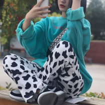 Milk cow pattern elastic waist wide leg pants womens high waist drape loose straight pants ins tide winter new casual trousers