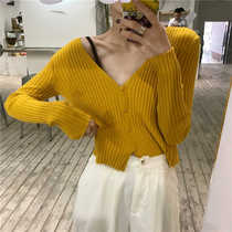 Korean chic autumn wild solid color sexy V-neck sweater top long-sleeved short lazy sweater cardigan women