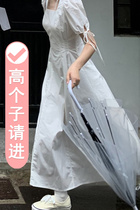 High sub-temperament square collar dress 170 pure color minimalist short sleeve skirt 175 lengthened version white long dress