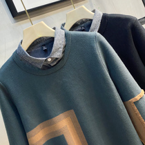 2021 autumn winter Men Fake two sweater men plus velvet warm coat trend fake collar base shirt sweater coat