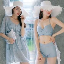 Hot spring swimsuit womens 2021 new belly cover thin fairy fan sexy conservative blouse flat angle bikini three-piece set