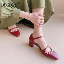 White Mary Precious Shoes Woman Retro Coarse Heel Line Buttoned Single Shoe Genuine Leather Square With Pearl Sandals Summer Fairy Shoes