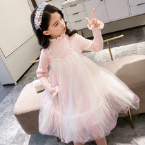 Girl sweater dress Foreign Princess Autumn dress new girl knit stitching mesh fake two childrens skirt