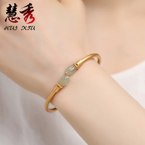 Hetian jade orchid gold inlaid jade bracelet 925 sterling silver vintage open bracelet female mother mother gift