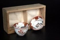 Japanese ceramics Kutani ware tea props Red painted landscape pattern pair of old objects