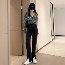 Effidy black high waist open fork microlao jeans female display slim 2022 spring new tug bifurcated broadlegged pants