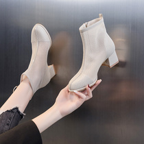 High heels woman 2022 new summer coarse heel with single shoe Martin boots short boot thin hollow mesh yarn cool boots