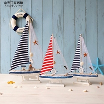 Mediterranean Sailing Model Pendulum Solid Wood Making Old Craft Boat Blue White Cloth Art Boat Home Adornment