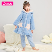 Desha Girls Nightdress 2021 Winter New Midand Little Girl hipster Thick Pajamas Children Home Clothes
