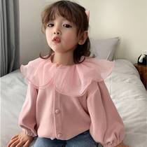 Girls Pink Cardigan 2022 Autumn Knitted Lace Lace Lapel Collar Tops Girls Baby Sweatshirt Top