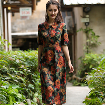 Autumn water ballad Original (spring deep so) summer new silk fragrant cloud yarn dress short sleeve medium and long temperament