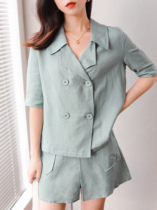 Seven quantity one cut small blue-green fashion temperament summer suit short sleeve shirt women's pants skirt two-piece 632