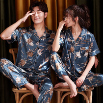 Couple Sleepwear Big Code Mens Summer Short Sleeve Ice Silk Home Clothing Lady Real Silk Summer Thin fat mm suit