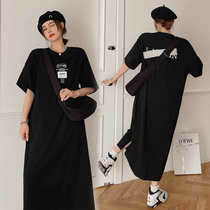 2021 new large size fat mm summer dress long Hong Kong style design sense niche short-sleeved loose casual long dress