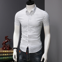 Shirt mens short sleeve business leisure summer thin slim handsome vertical stripe shirt Korean version of trend embroidery inch clothes