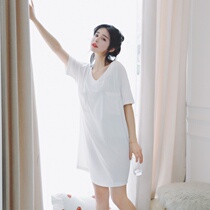 Summer pajamas Female sense white T-shirt V-neck pure cotton spring and autumn Korean version of cute short-sleeved white night dress student home clothes