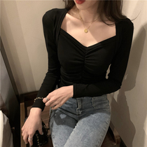 2020 Autumn Winter New Temperament sexy square collar folds cashew with slim long sleeves Bottom Jersey Blouse