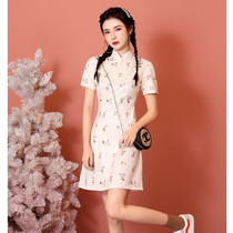 White lace cheongsam 2021 new summer young girl modified version student sweet little short
