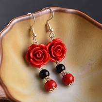 Yangzhou lacquerware features carved lacquer cinnabar retro ethnic style accessories Earrings earrings earrings female bride red jewelry