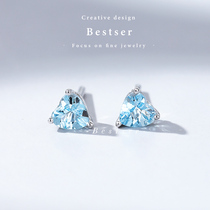 Blue Bestser (ice heart)18K white gold inlaid with aquamarine small earrings earrings female design sense niche simplicity