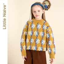LittleNaive autumn and winter New Girl sweater pullover round neck thread coat flower tinclothes childrens sweater