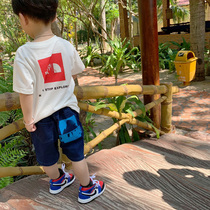 Spring and summer new boys and children Japanese Chaogang wind cotton short sleeve T-shirt leisure sports imitation denim shorts