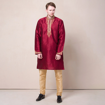 Indian mens clothing imported dress Two sets of ethnic wind embroidery with blouses pants red new medium length splendour