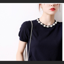 Japanese womens summer temperament exquisite pearl embellishment small closing sleeve round neck with silk sweater top