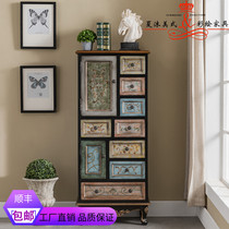 Summer Body New Chinese Vintage Solid Wood High Cabinet Color Drawing Living Room Wine Cabinet Chest TV sidestand multi-function locker