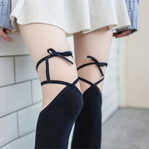 Spring and autumn new over-the-knee socks female sense strap bow black white stockings Japanese ribbon pure cotton socks