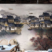 3D Solid Chinese ink landscape painting wallpaper Jiangnan Shuangshui Township Construction decoration Background Wall Paper Classical Art Mural