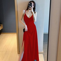 Korean temperament chic style sexy thin shoulder strap V-neck suspender skirt solid color slim long backless dress women
