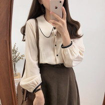 2021 spring and autumn new doll collar stitching long-sleeved Korean loose shirt womens bottoming shirt design niche