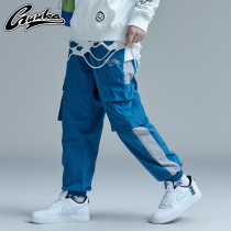 GUUKA blue multi-pocket overalls mens Tide brand Youth hip-hop reflective stitching sports tie pants loose