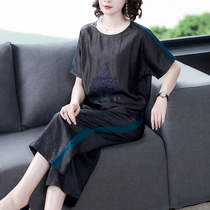 High-end young fat mother fragrant cloud yarn age-old wide-leg pants set Mrs. foreign silk Mulberry silk two-piece set