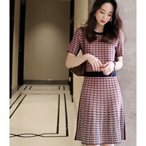  ROUJE POWER casual geometric contrast 2021 spring new plaid micro-lapped silk knitted dress