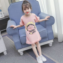Girls  dresses Summer Western style pure cotton short-sleeved T-shirt Medium long section Medium large childrens clothing skirt new Korean version of the top