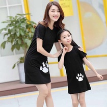 Net celebrity parent-child pure cotton dress summer new childrens Western style loose short-sleeved mother-daughter medium-length T-shirt