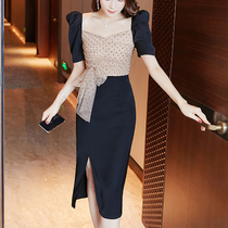 Hepburn style women's polka dot gauze stitching split professional dress 2021 summer fake two-piece black skirt